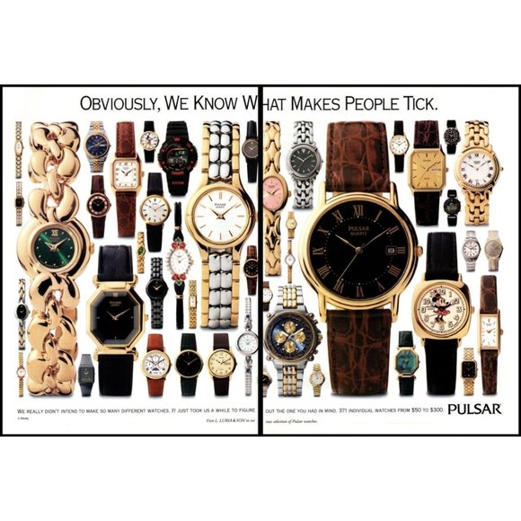 1993 Pulsar Mens and Womens Watch 2 Page Vintage Print Ad Minnie Mouse Wall Art - Picture 1 of 3